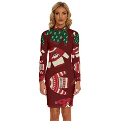 Ugly Sweater Wrapping Paper Long Sleeve Shirt Collar Bodycon Dress