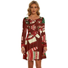 Ugly Sweater Wrapping Paper Long Sleeve Wide Neck Velvet Dress