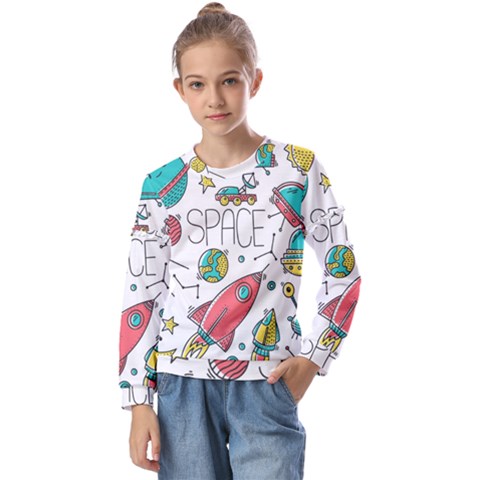 Space Cosmos Seamless Pattern Seamless Pattern Doodle Style Kids  Long Sleeve T-shirt With Frill  by Hannah976