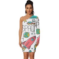 Space Cosmos Seamless Pattern Seamless Pattern Doodle Style Long Sleeve One Shoulder Mini Dress by Hannah976