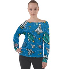 About Space Seamless Pattern Off Shoulder Long Sleeve Velour Top by Hannah976