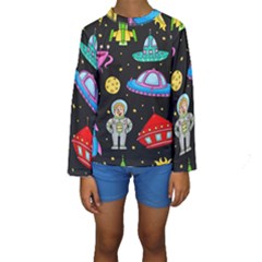 Seamless Pattern With Space Objects Ufo Rockets Aliens Hand Drawn Elements Space Kids  Long Sleeve Swimwear