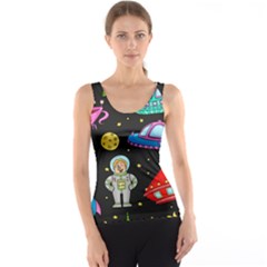 Seamless Pattern With Space Objects Ufo Rockets Aliens Hand Drawn Elements Space Women s Basic Tank Top by Hannah976