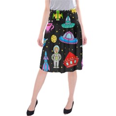 Seamless Pattern With Space Objects Ufo Rockets Aliens Hand Drawn Elements Space Midi Beach Skirt by Hannah976