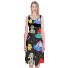 Seamless Pattern With Space Objects Ufo Rockets Aliens Hand Drawn Elements Space Midi Sleeveless Dress by Hannah976