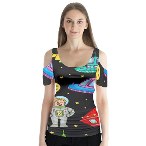 Seamless Pattern With Space Objects Ufo Rockets Aliens Hand Drawn Elements Space Butterfly Sleeve Cutout T-shirt  by Hannah976