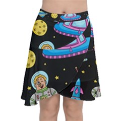 Seamless Pattern With Space Objects Ufo Rockets Aliens Hand Drawn Elements Space Chiffon Wrap Front Skirt by Hannah976