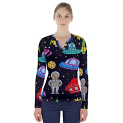 Seamless Pattern With Space Objects Ufo Rockets Aliens Hand Drawn Elements Space V-neck Long Sleeve Top by Hannah976