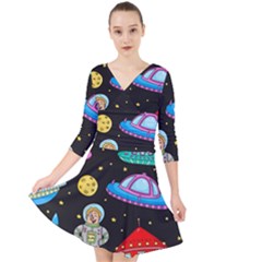 Seamless Pattern With Space Objects Ufo Rockets Aliens Hand Drawn Elements Space Quarter Sleeve Front Wrap Dress by Hannah976