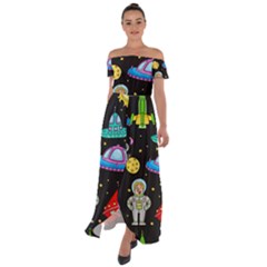 Seamless Pattern With Space Objects Ufo Rockets Aliens Hand Drawn Elements Space Off Shoulder Open Front Chiffon Dress by Hannah976