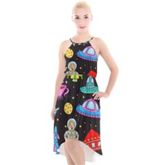 Seamless Pattern With Space Objects Ufo Rockets Aliens Hand Drawn Elements Space High-low Halter Chiffon Dress  by Hannah976