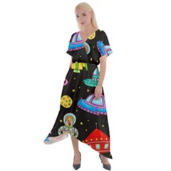 Seamless Pattern With Space Objects Ufo Rockets Aliens Hand Drawn Elements Space Cross Front Sharkbite Hem Maxi Dress by Hannah976