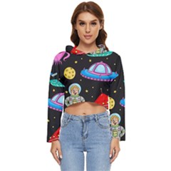 Seamless Pattern With Space Objects Ufo Rockets Aliens Hand Drawn Elements Space Women s Lightweight Cropped Hoodie by Hannah976