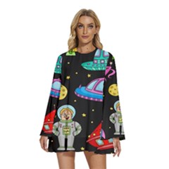 Seamless Pattern With Space Objects Ufo Rockets Aliens Hand Drawn Elements Space Round Neck Long Sleeve Bohemian Style Chiffon Mini Dress by Hannah976