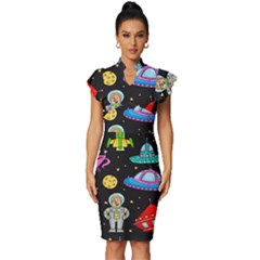 Seamless Pattern With Space Objects Ufo Rockets Aliens Hand Drawn Elements Space Vintage Frill Sleeve V-neck Bodycon Dress by Hannah976