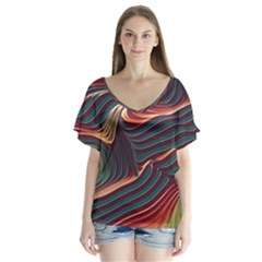 Dessert Storm Wave  pattern  V-neck Flutter Sleeve Top by coffeus