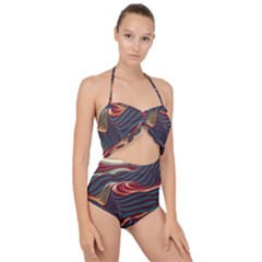 Dessert Storm Wave  pattern  Scallop Top Cut Out Swimsuit