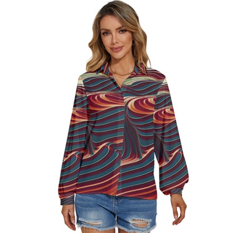 Dessert Storm Wave  pattern  Women s Long Sleeve Button Up Shirt by coffeus