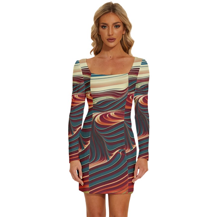 Dessert storm wave  Pattern  Long Sleeve Square Neck Bodycon Velvet Dress