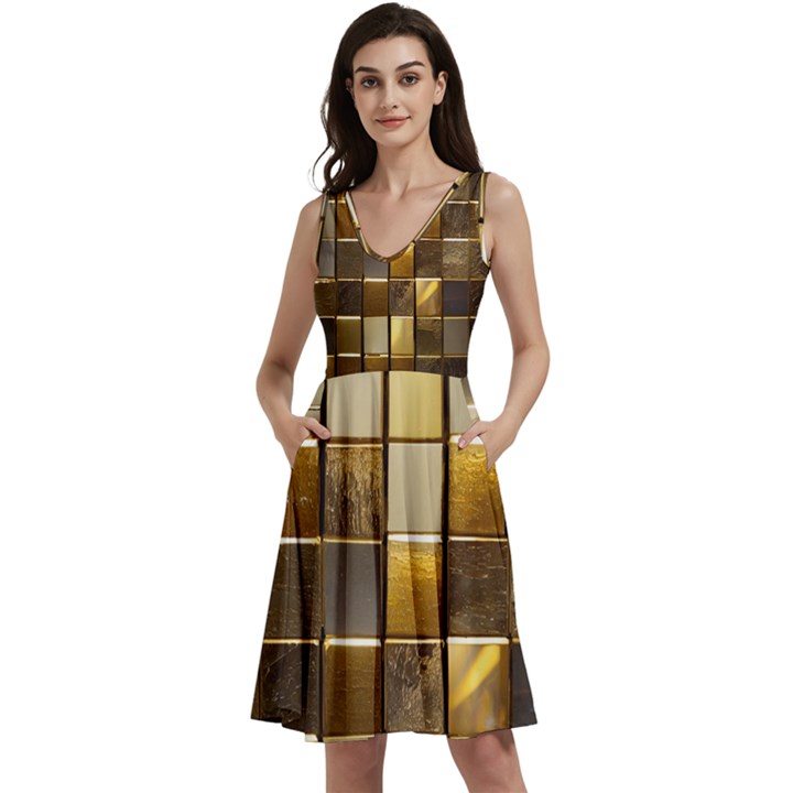 Golden Mosaic Tiles  Sleeveless V-Neck Skater Dress with Pockets