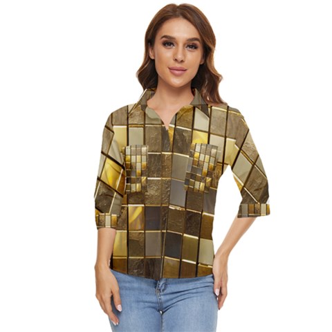 Golden Mosaic Tiles  Women s Quarter Sleeve Pocket Shirt by essentialimage