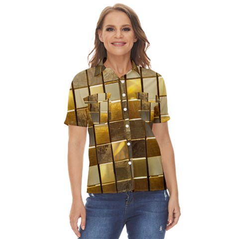 Golden Mosaic Tiles  Women s Short Sleeve Double Pocket Shirt by essentialimage