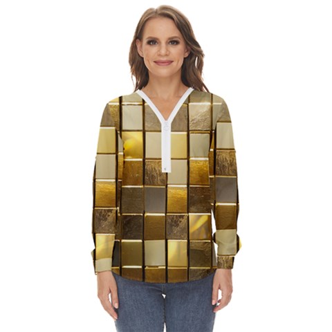 Golden Mosaic Tiles  Zip Up Long Sleeve Blouse by essentialimage