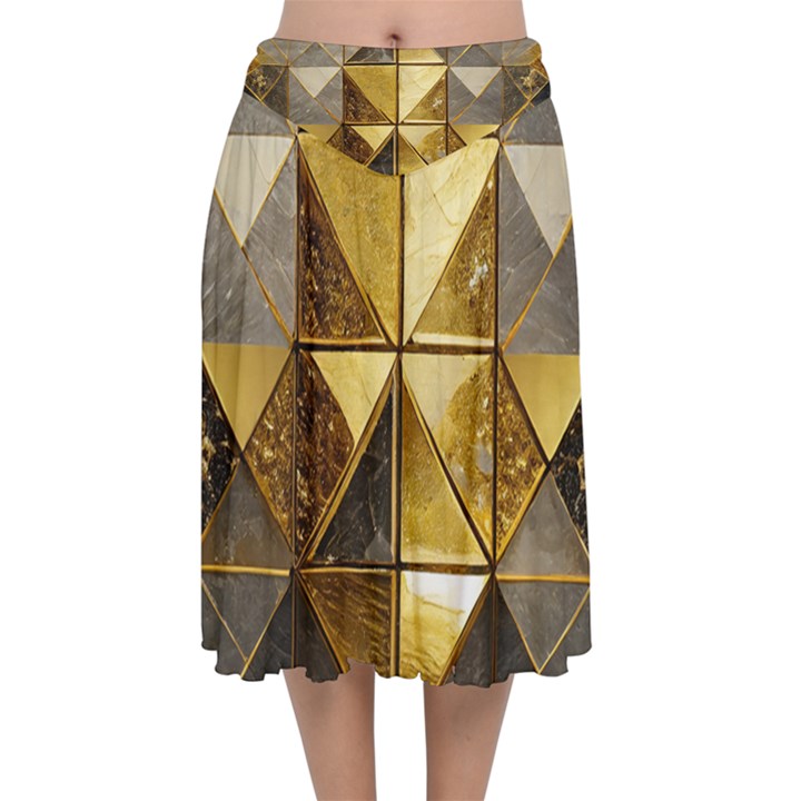 Golden Mosaic Tiles  Velvet Flared Midi Skirt