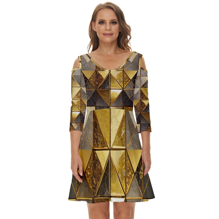 Golden Mosaic Tiles  Shoulder Cut Out Zip Up Dress