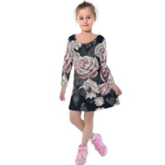 Elegant Seamless Pattern Blush Toned Rustic Flowers Kids  Long Sleeve Velvet Dress by Hannah976