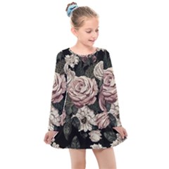 Elegant Seamless Pattern Blush Toned Rustic Flowers Kids  Long Sleeve Dress by Hannah976