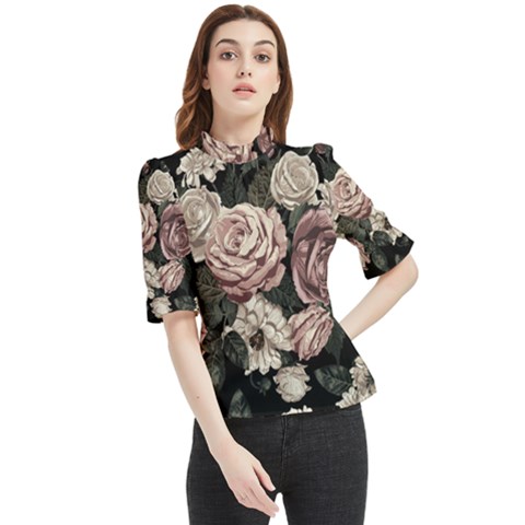 Elegant Seamless Pattern Blush Toned Rustic Flowers Frill Neck Blouse by Hannah976