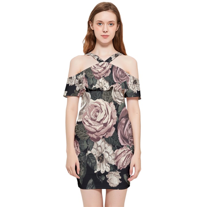 Elegant Seamless Pattern Blush Toned Rustic Flowers Shoulder Frill Bodycon Summer Dress