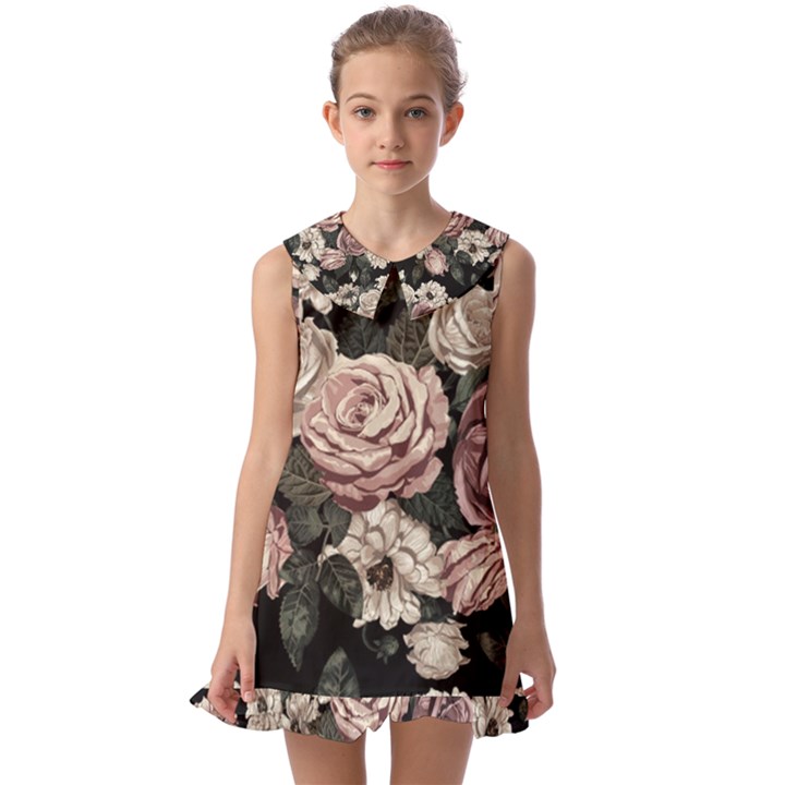 Elegant Seamless Pattern Blush Toned Rustic Flowers Kids  Pilgrim Collar Ruffle Hem Dress