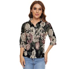 Elegant Seamless Pattern Blush Toned Rustic Flowers Women s Quarter Sleeve Pocket Shirt