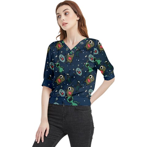 Monster Alien Pattern Seamless Background Quarter Sleeve Blouse by Hannah976