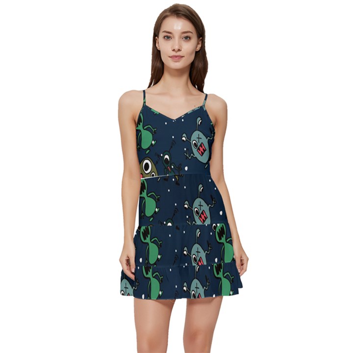 Monster Alien Pattern Seamless Background Short Frill Dress