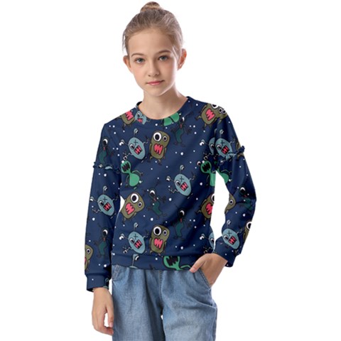 Monster Alien Pattern Seamless Background Kids  Long Sleeve T-shirt With Frill  by Hannah976