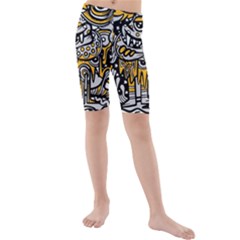 Crazy Abstract Doodle Social Doodle Drawing Style Kids  Mid Length Swim Shorts by Hannah976