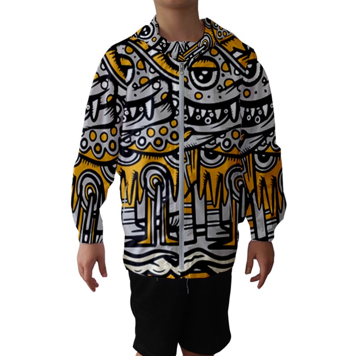 Crazy Abstract Doodle Social Doodle Drawing Style Kids  Hooded Windbreaker