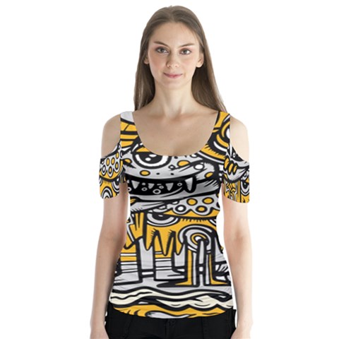 Crazy Abstract Doodle Social Doodle Drawing Style Butterfly Sleeve Cutout T-shirt  by Hannah976