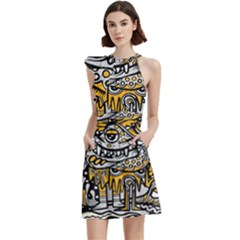 Crazy Abstract Doodle Social Doodle Drawing Style Cocktail Party Halter Sleeveless Dress With Pockets by Hannah976