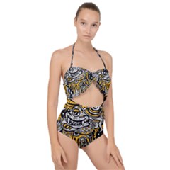 Crazy Abstract Doodle Social Doodle Drawing Style Scallop Top Cut Out Swimsuit by Hannah976