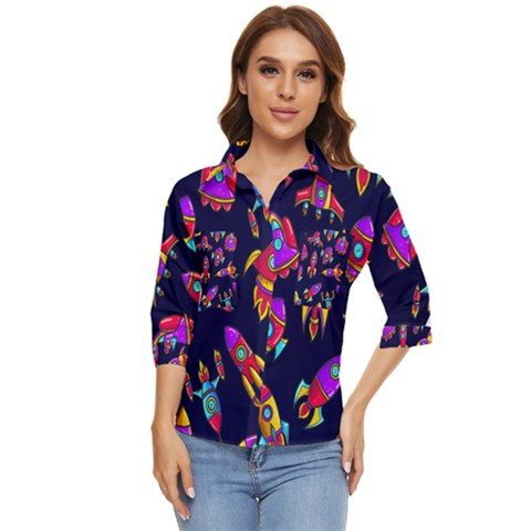 Space Patterns Women s Quarter Sleeve Pocket Shirt by Hannah976