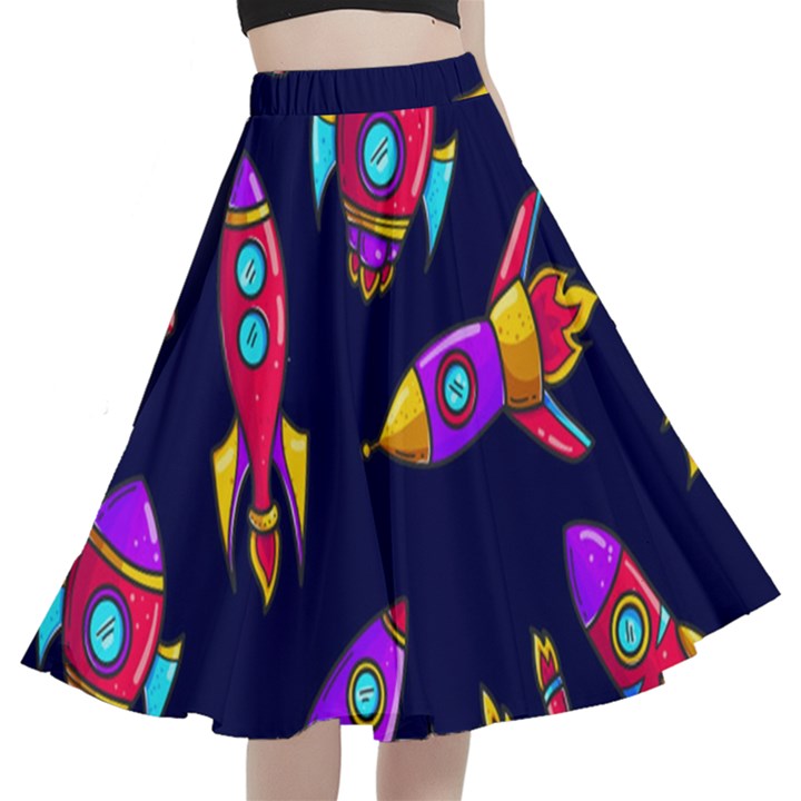 Space Patterns A-Line Full Circle Midi Skirt With Pocket