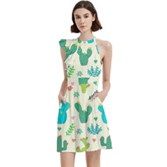 Cactus Succulents Floral Seamless Pattern Cocktail Party Halter Sleeveless Dress With Pockets