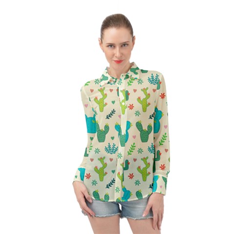 Cactus Succulents Floral Seamless Pattern Long Sleeve Chiffon Shirt by Hannah976