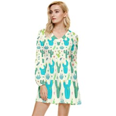 Cactus Succulents Floral Seamless Pattern Tiered Long Sleeve Mini Dress by Hannah976