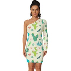 Cactus Succulents Floral Seamless Pattern Long Sleeve One Shoulder Mini Dress by Hannah976