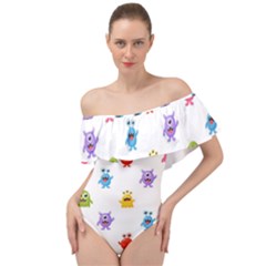 Seamless Pattern Cute Funny Monster Cartoon Isolated White Background Off Shoulder Velour Bodysuit  by Hannah976